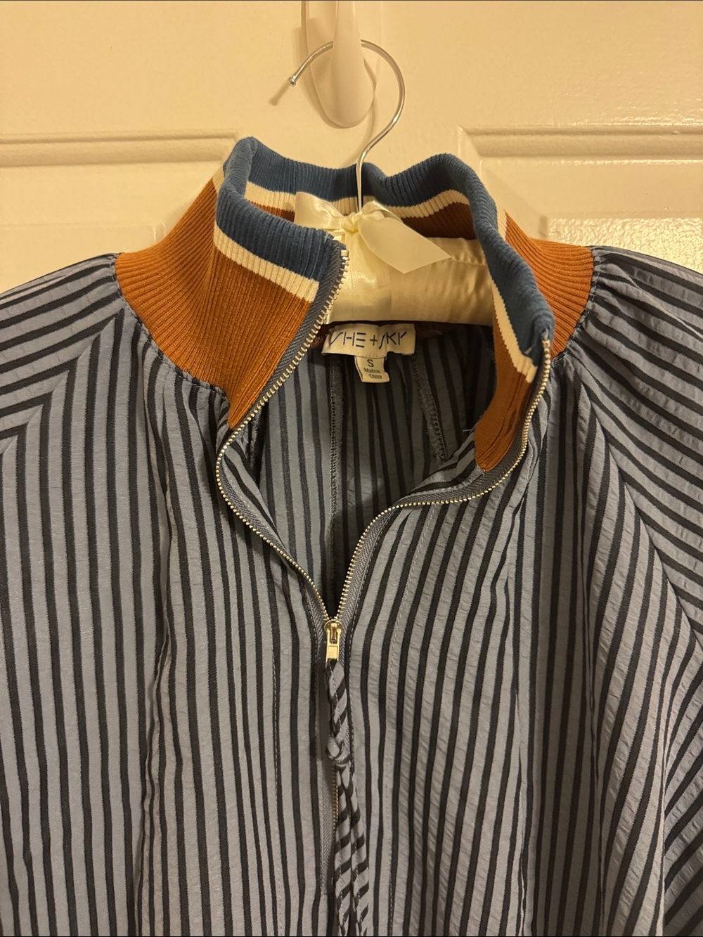Blue Striped Half-Zip Shirt with Brown Trim - Picture 6 of 10